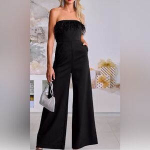 Boston proper size 16 Strapless Faux-Feather Wide-Leg Jumpsuit